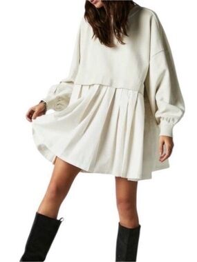Free People Eleanor Cream Pleated Sweatshirt Dress